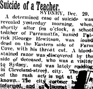 Suicide of a Teacher. (Taranaki Daily News 7-1-1905)