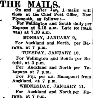THE MAILS. (Taranaki Daily News 9-1-1905)