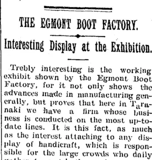 THE EGMONT BOOT FACTORY. (Taranaki Daily News 9-1-1905)