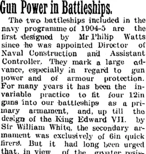 Gun Power in Battleships. (Taranaki Daily News 14-1-1905)
