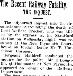 The Recent Railway Fatality. (Taranaki Daily News 14-1-1905)