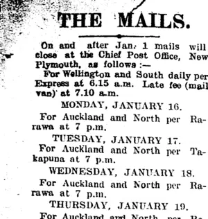 THE MAILS. (Taranaki Daily News 16-1-1905)