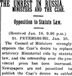 THE UNREST IN RUSSIA. (Taranaki Daily News 17-1-1905)