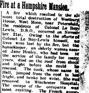 Fire at a Hampshire Mansion. (Taranaki Daily News 18-1-1905)
