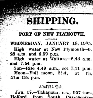 SHIPPING. (Taranaki Daily News 18-1-1905)