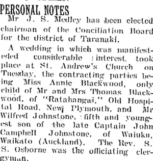 PERSONAL NOTES. (Taranaki Daily News 18-1-1905)