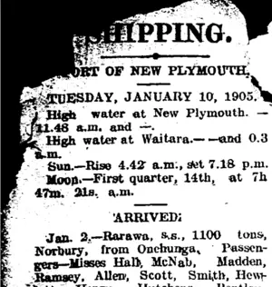 SHIPPING. (Taranaki Daily News 10-1-1905)