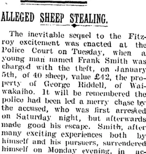 ALLEGED SHEEP STEALING. (Taranaki Daily News 11-1-1905)
