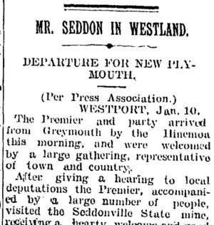 MR. SEDDON IN WESTLAND. (Taranaki Daily News 11-1-1905)
