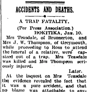 ACCIDENTS AND DEATHS. (Taranaki Daily News 11-1-1905)