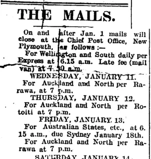 THE MAILS. (Taranaki Daily News 11-1-1905)