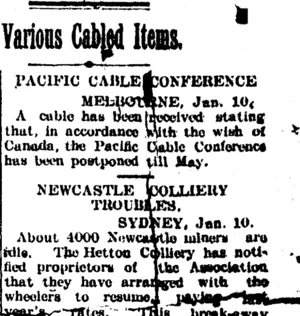Various Cabled Items. (Taranaki Daily News 11-1-1905)