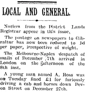 LOCAL AND GENERAL. (Taranaki Daily News 11-1-1905)