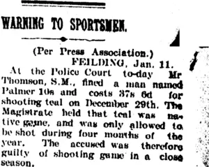 WARNING TO SPORSMEN. (Taranaki Daily News 12-1-1905)