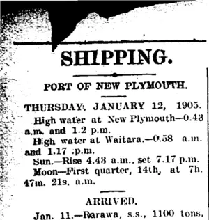 SHIPPING. (Taranaki Daily News 12-1-1905)