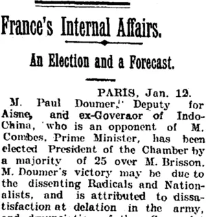 France's Internal Affairs. (Taranaki Daily News 13-1-1905)