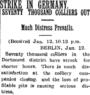 STRIKE IN GERMANY. (Taranaki Daily News 13-1-1905)