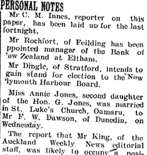 PERSONAL NOTES. (Taranaki Daily News 30-1-1905)