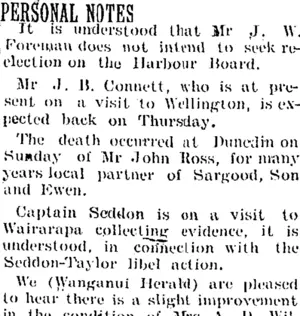PERSONAL NOTES. (Taranaki Daily News 31-1-1905)
