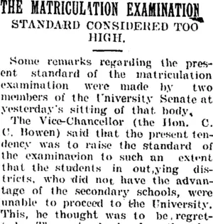THE MATRICULATION EXAMINATION. (Taranaki Daily News 31-1-1905)