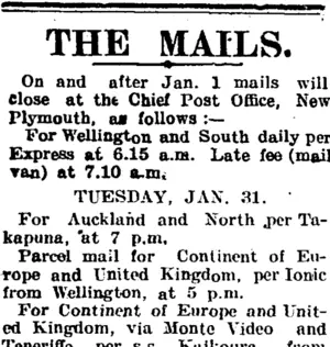 THE MAILS. (Taranaki Daily News 31-1-1905)