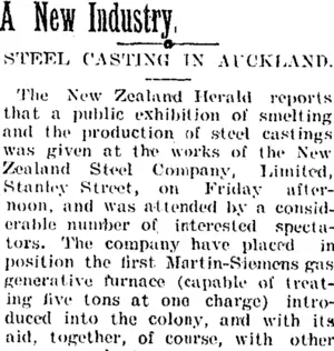 A New Industry. (Taranaki Daily News 31-1-1905)