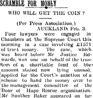 SCRAMBLE FOR MONEY. (Taranaki Daily News 4-2-1905)
