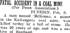 FATAL ACCIDENT IN A COAL MINE. (Taranaki Daily News 4-2-1905)