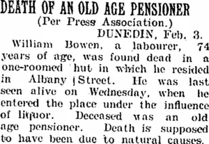 DEATH OF AN OLD AGE PENSIONER. (Taranaki Daily News 4-2-1905)