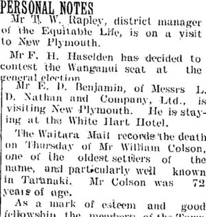 PERSONAL NOTES (Taranaki Daily News 4-2-1905)