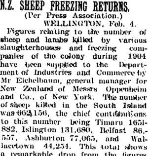 N.Z. SHEEP FREEZING RETURNS. (Taranaki Daily News 6-2-1905)