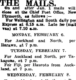 THE MAILS. (Taranaki Daily News 6-2-1905)