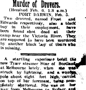 Murder of Drovers. (Taranaki Daily News 6-2-1905)