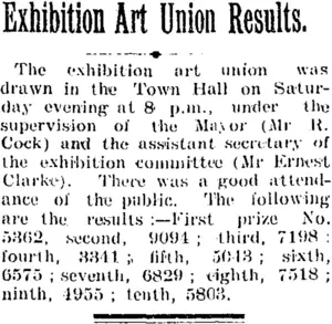 Exhibition Art Union Results. (Taranaki Daily News 6-2-1905)