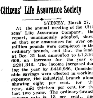 Citizens' Life Assurance Society. (Taranaki Daily News 29-3-1905)
