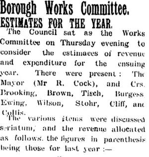 Borough Works Committee. (Taranaki Daily News 5-5-1905)