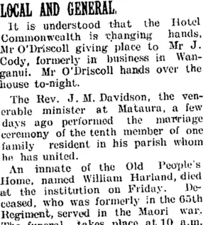 LOCAL AND GENERAL. (Taranaki Daily News 13-5-1905)