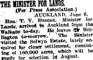 THE MINISTER FOR LANDS. (Taranaki Daily News 7-6-1905)