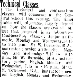 Technical Classes. (Taranaki Daily News 24-7-1905)