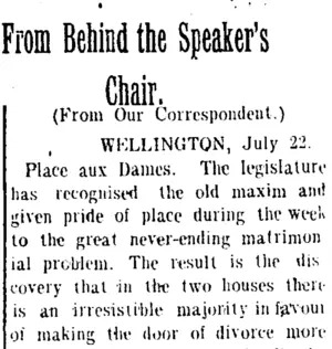 From Behind the Speaker's Chair. (Taranaki Daily News 26-7-1905)
