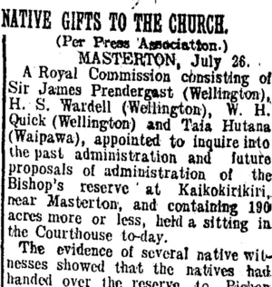NATIVE GIFTS TO THE CHURCH. (Taranaki Daily News 27-7-1905)