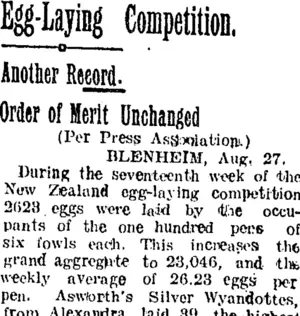 Egg-Laying Competition. (Taranaki Daily News 28-8-1905)