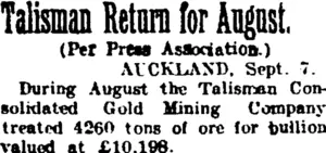 Talisman Return for August. (Taranaki Daily News 8-9-1905)