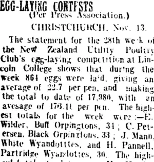 EGG-LAYING CONTESTS. (Taranaki Daily News 14-11-1905)