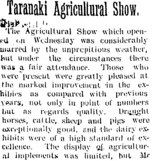 Taranaki Agricultural Show. (Taranaki Daily News 30-11-1905)