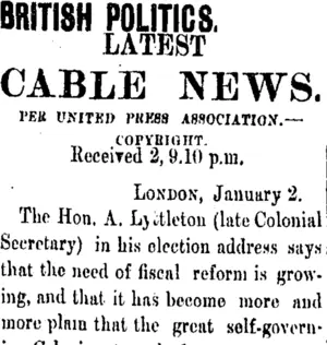 BRITISH POLITICS. (Taranaki Daily News 3-1-1906)