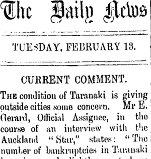 The Daily News TUESDAY, FEBRUARY 18. CURRENT COMMENT. (Taranaki Daily News 13-2-1906)
