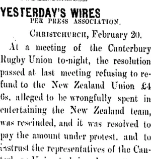 YESTERDAY'S WIRES. (Taranaki Daily News 22-2-1906)