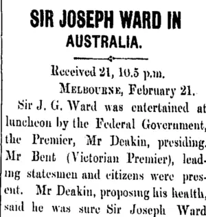 SIR JOSEPH WARD IN AUSTRALIA. (Taranaki Daily News 22-2-1906)