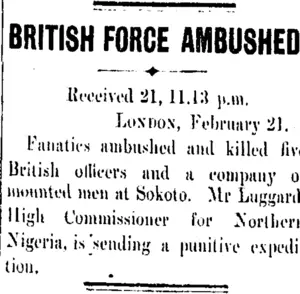 BRITISH FORCE AMBUSHED. (Taranaki Daily News 22-2-1906)